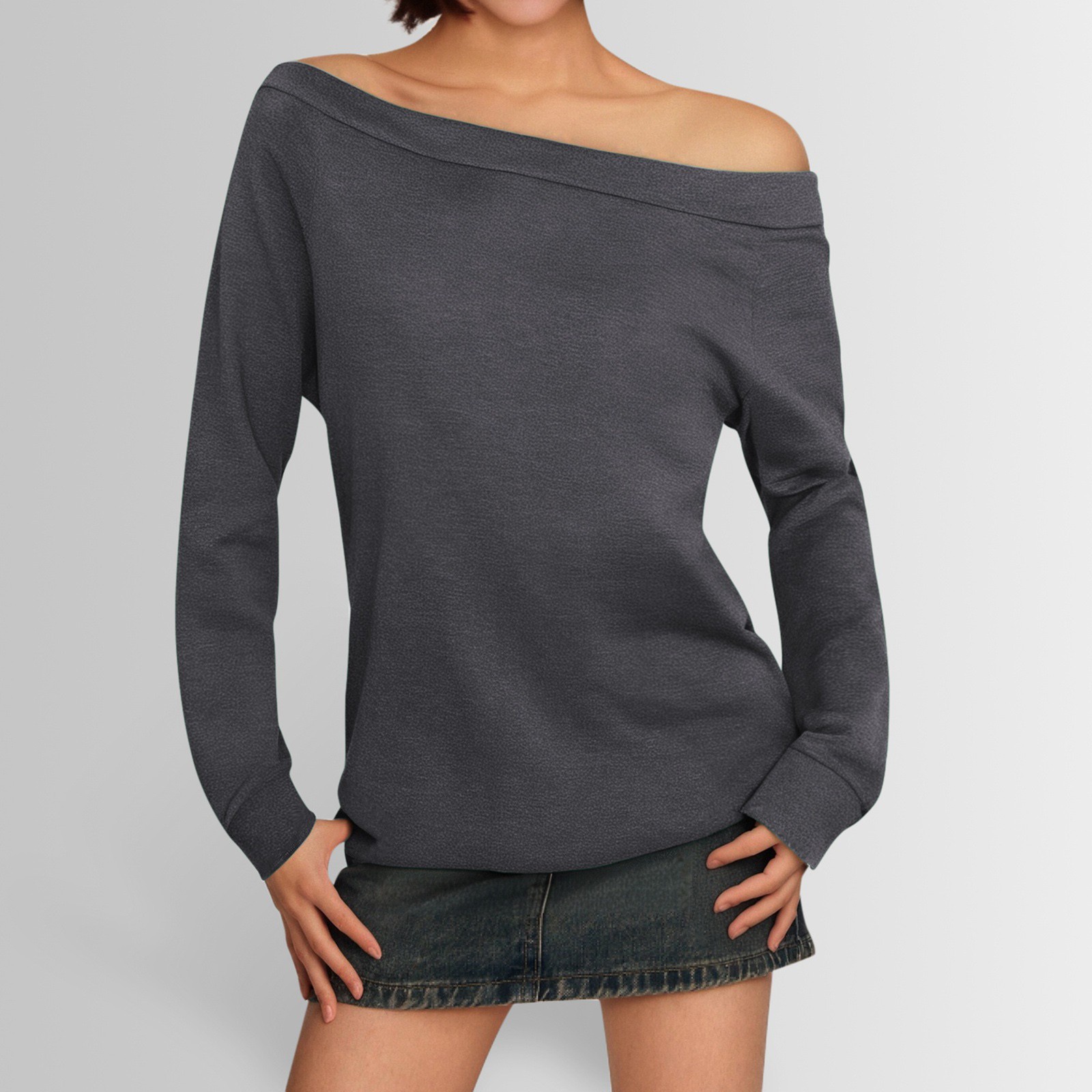thumbnail image 2 of Blusa de manga larga con hombros descubiertos para mujer - Camiseta informal de verano de color liso, 2 of 6